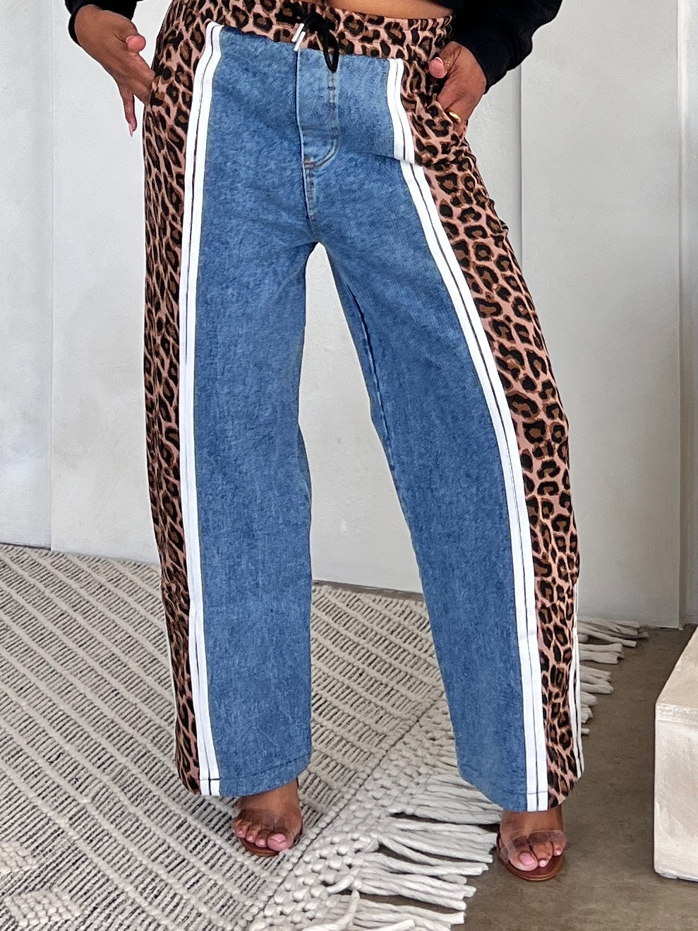 Mixed Print Leopard Denim Jogger