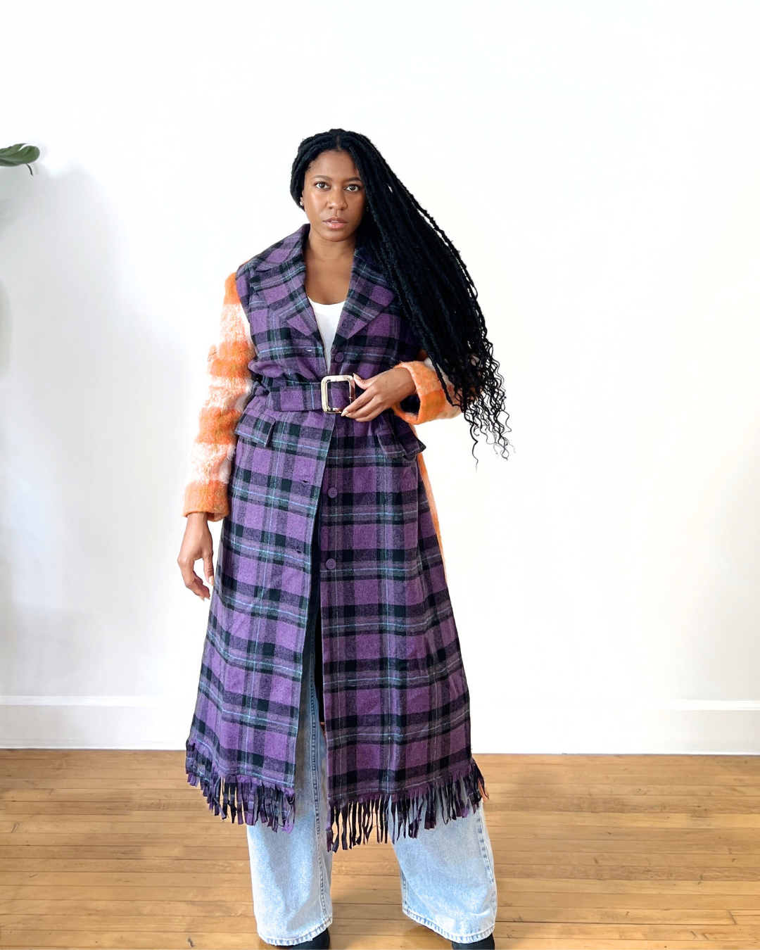 Black plaid wool coat hotsell