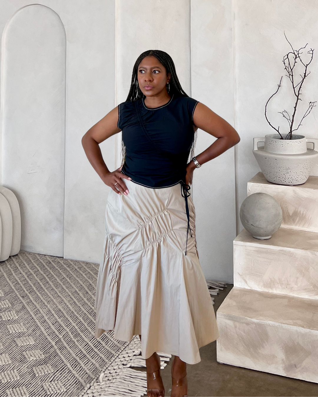 Ruched Asymmetric 2-Piece Set – Top & Midi Skirt