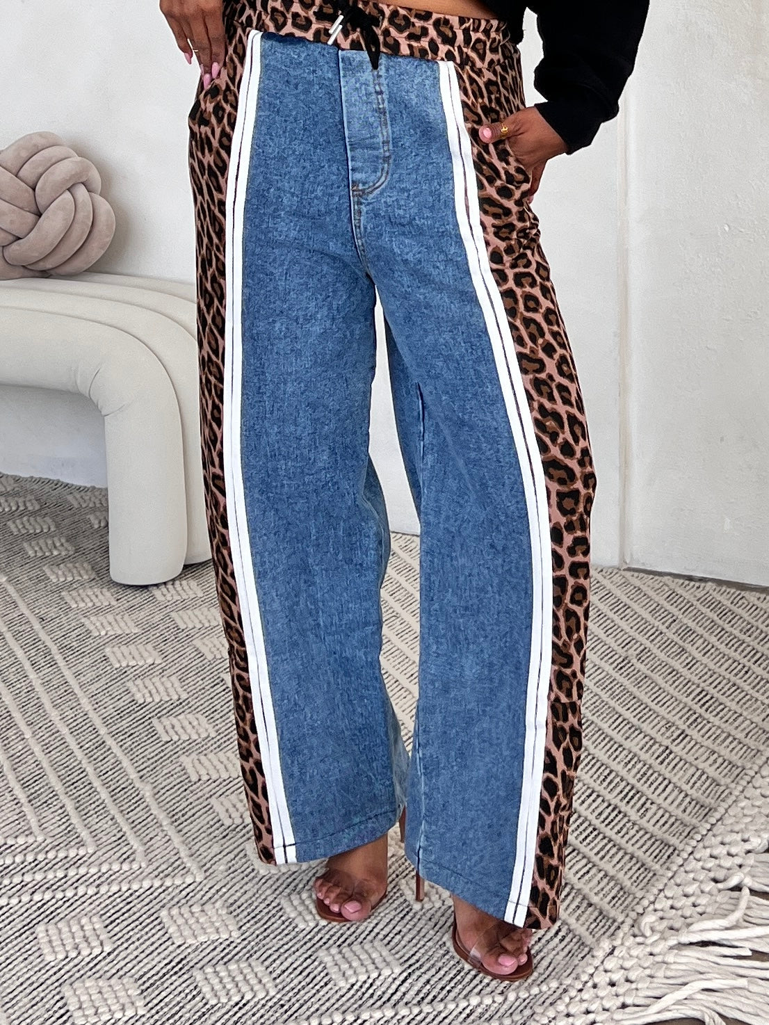 Mixed Print Leopard Denim Jogger