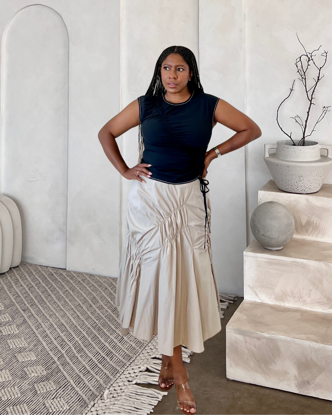 Ruched Asymmetric 2-Piece Set – Top & Midi Skirt