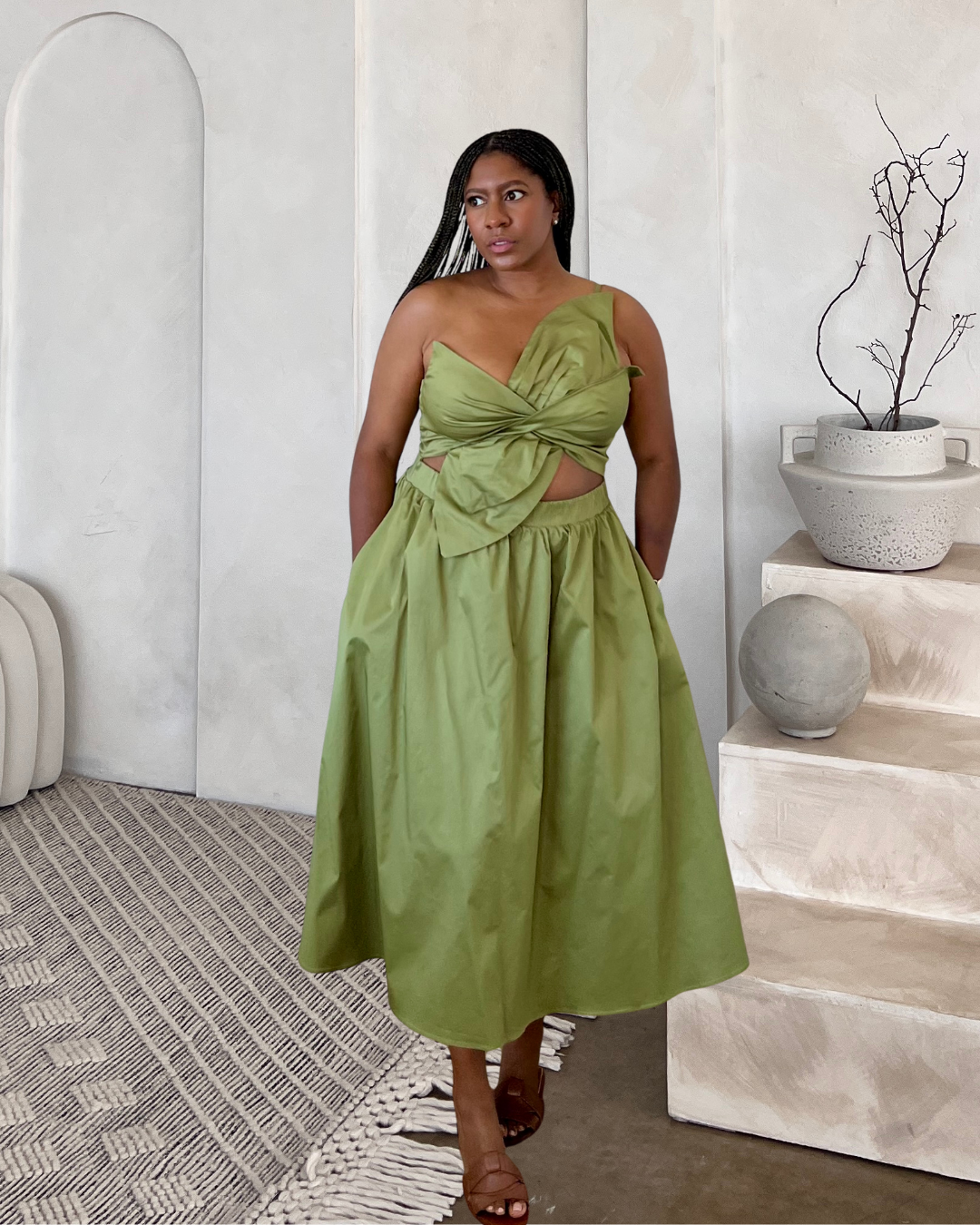One-Shoulder Twisted Bow Midi Dress