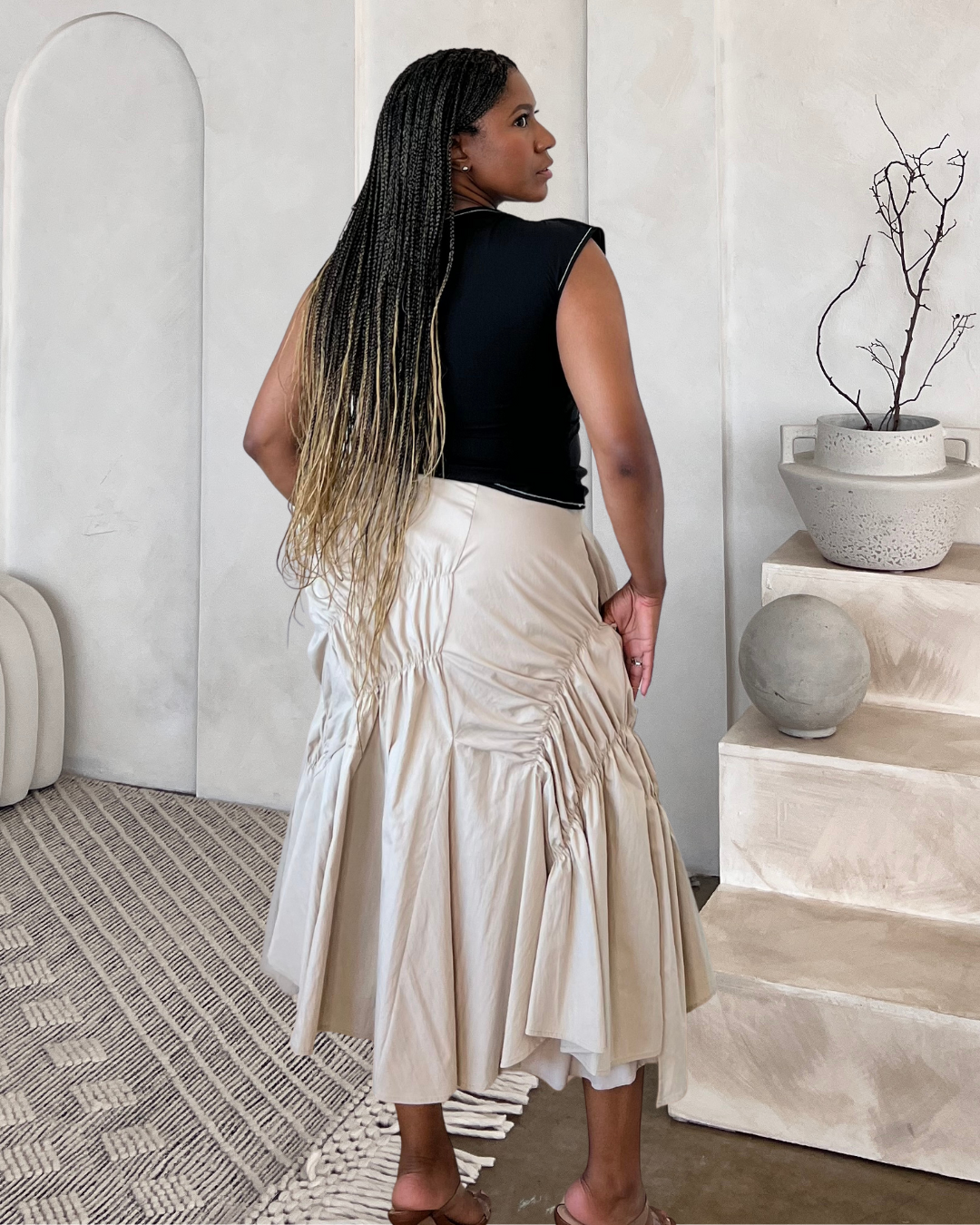 Ruched Asymmetric 2-Piece Set – Top & Midi Skirt